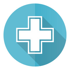 Poster - Pharmacy vector icon, flat design blue round web button isolated on white background