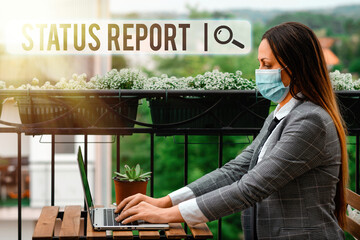 Poster - Writing note showing Status Report. Business concept for summarizes the particular situation as of a stated period Promoting health awareness with set of medical precautionary equipment