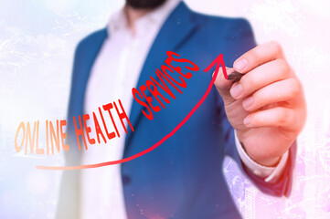 Poster - Writing note showing Online Health Services. Business concept for healthcare delivered and enhanced through the internet Digital arrowhead curve denoting growth development concept