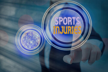 Text sign showing Sports Injuries. Business photo text injuries that occur when engaging in sports or exercise Futuristic icons solar system. Elements of this image furnished by NASA