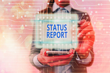 Poster - Text sign showing Status Report. Business photo text summarizes the particular situation as of a stated period System administrator control, gear configuration settings tools concept