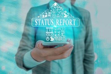 Poster - Text sign showing Status Report. Business photo showcasing summarizes the particular situation as of a stated period Information digital technology network connection infographic elements icon