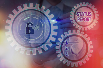 Poster - Writing note showing Status Report. Business concept for summarizes the particular situation as of a stated period Graphics padlock for web data information security application system