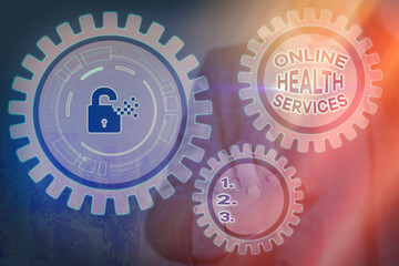 Poster - writing note showing online health services. business concept for healthcare delivered and enhanced 