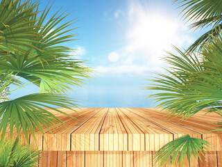 Wall Mural - 3D tropical landscape with wooden table and palm trees looking out to the ocean