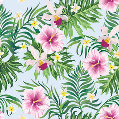 Tropical vector seamless background. Jungle pattern with exitic flowers, and palm leaves. Stock vector. Jungle vector vintage wallpaper