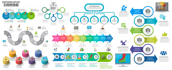 timeline infographics design template with 7 options, process diagram.