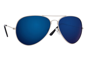 Sticker - Sunglasses with a silver frame and blue lens isolated on white background.