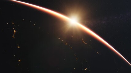 beautiful sunrise over earth. realistic earth with night lights from space. high quality 3d animatio