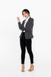 Asian woman full body portrait on white background wearing formal business suit .