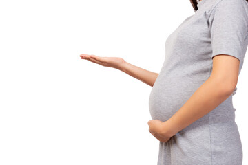 Pregnant mother open palm of hand to copy space and touching her belly. Pregnant woman show empty palm holding. Isolated on white background, copy space use for advertising Prenatal, pregnancy concept