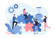 Concept work in a team of young professionals, developers, marketers. Men and women assemble puzzles while working together. Programmers, support service. Flat vector illustration on white background