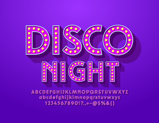 Vector vintage poster Disco Night with Violet Light Bulb Font. Elegant Lamp Alphabet Letters and Numbers