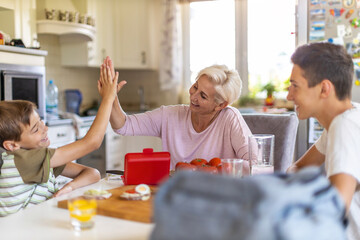 Mother preparing healthy lunch boxes for her two sons before going to school
