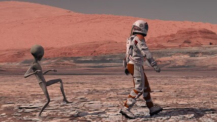 martian sneaks behind an astronaut on mars. astronaut meets a martian on mars. first contact. alien 