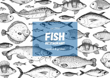 Fish Sketch Collection. Hand Drawn Vector Illustration Great For Package Or Menu Design. Seafood Fish Pattern. Leaflet, Brochure, Booklet Design Template. Black And White Engraved Style.