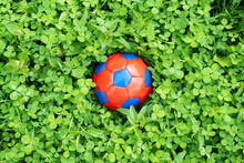 Child Soccer Ball On The Green Lawn Grass Background.