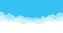Blue Vector Sky With White Cute Clouds Conceptual Banner Background With Text Space. Web Border Of Clouds Layers. Simple Cartoon Design. Stylish Cartoon Web Banner With Blue Cloud On White Background.
