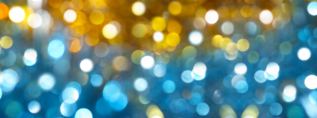 Wall Mural - Festive blurred bokeh background, bright circles, defocused, lights, fun, party, glow effect, gold, blue, pattern, Christmas