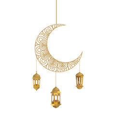 Wall Mural - ramadan kareem lanterns hanging with crescent moon golden on white background vector illustration design