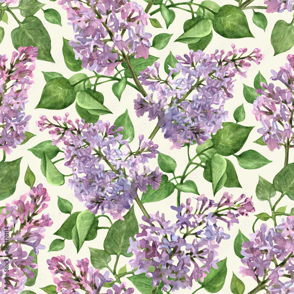 Watercolor seamless floral pattern with spring lilac and leaves. Print ...