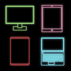 Poster - A set of bright luminous multi-colored neon signs for the store and workshop service center is beautiful shiny with modern electronics and appliances on a black background. Vector illustration