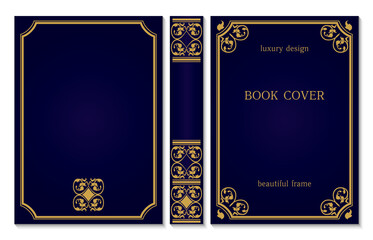 standard book cover and spine design. old retro ornament frames. royal golden and dark blue style de