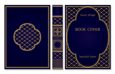 classical book cover and spine design. vintage ornament frames. royal golden and dark blue style des