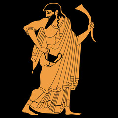 Ancient Greek god Dionysus holding cup and rhyton of wine. Vase painting style.	