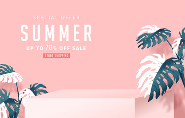 Summer sale design with monstera leaves decorating bright Color background layout banners template.