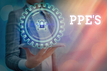 Poster - Text sign showing Ppe s is. Business photo text Specialized equipment for protection against health and safety hazard Graphics padlock for web data information security application system