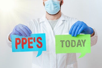 Poster - Writing note showing Ppe s is. Business concept for Specialized equipment for protection against health and safety hazard Laboratory Technician Featuring Sticker Paper Smartphone