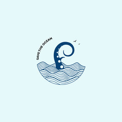 Canvas Print - Save the ocean logo vector with tentacle octopus and wave illustration