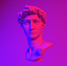 3D Rendering Of Michelangelo's David Head In Neon Lightning. Classical Sculpture In Vaporwave Retrofuturistic Style.