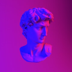 Aufkleber - 3D rendering of Michelangelo's David head in neon lightning. Classical sculpture in vaporwave retrofuturistic style.