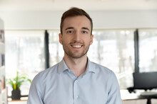 Profile Picture Of Happy Young Caucasian Male Employee Worker Look At Camera Posing In Office Workplace, Headshot Portrait Of Smiling Businessman Boss Show Confidence And Success, Leadership Concept
