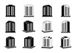 © Surachat Khongkhut - Company icons set, Building perspective vector collection on white background, Silhouette hotel condo and apartment illustration, Black line isometric graphic bank and office