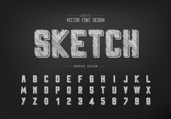 Poster - pencil font and round alphabet vector, sketch typeface and letter number design, graphic text on bac