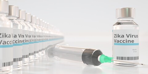 Wall Mural - Vials with zika virus vaccine and a syringe. 3D rendering