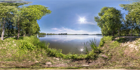 Wall Mural - seamless spherical hdri panorama 360 degrees angle view on grass coast of small lake or river in sunny summer day with beautiful clouds in blue sky in equirectangular projection, VR content