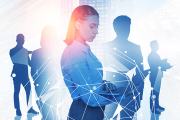 Poster - Woman with laptop and team, network interface