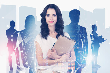 Poster - Woman with notebook and team, network interface