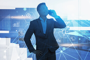 Poster - Asian man on phone, cloud computing interface