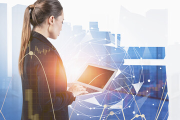 Poster - Woman with laptop in office, network interface