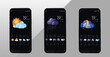 Set of smartphones with open weather forecast app on grey background. Banner design