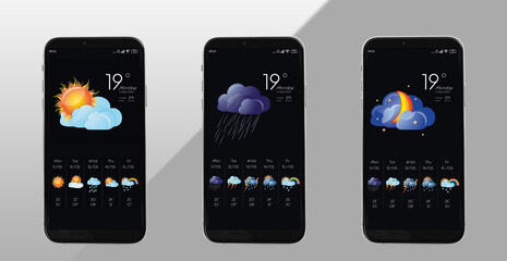 Wall Mural - set of smartphones with open weather forecast app on grey background. banner design