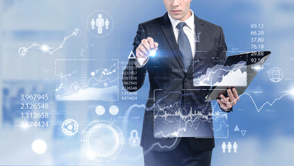 Poster - Man with clipboard using financial interface