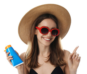 Poster - Young woman with sun protection cream on white background