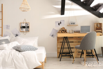 Sticker - Elegant interior of bedroom with workplace under stairs