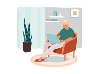 Aufkleber - Man freelancer sitting at chair with notebook. Male remote worker with laptop. Cartoon character doing job remotely at his living room. Freelance and home workplace, internet employee, worker